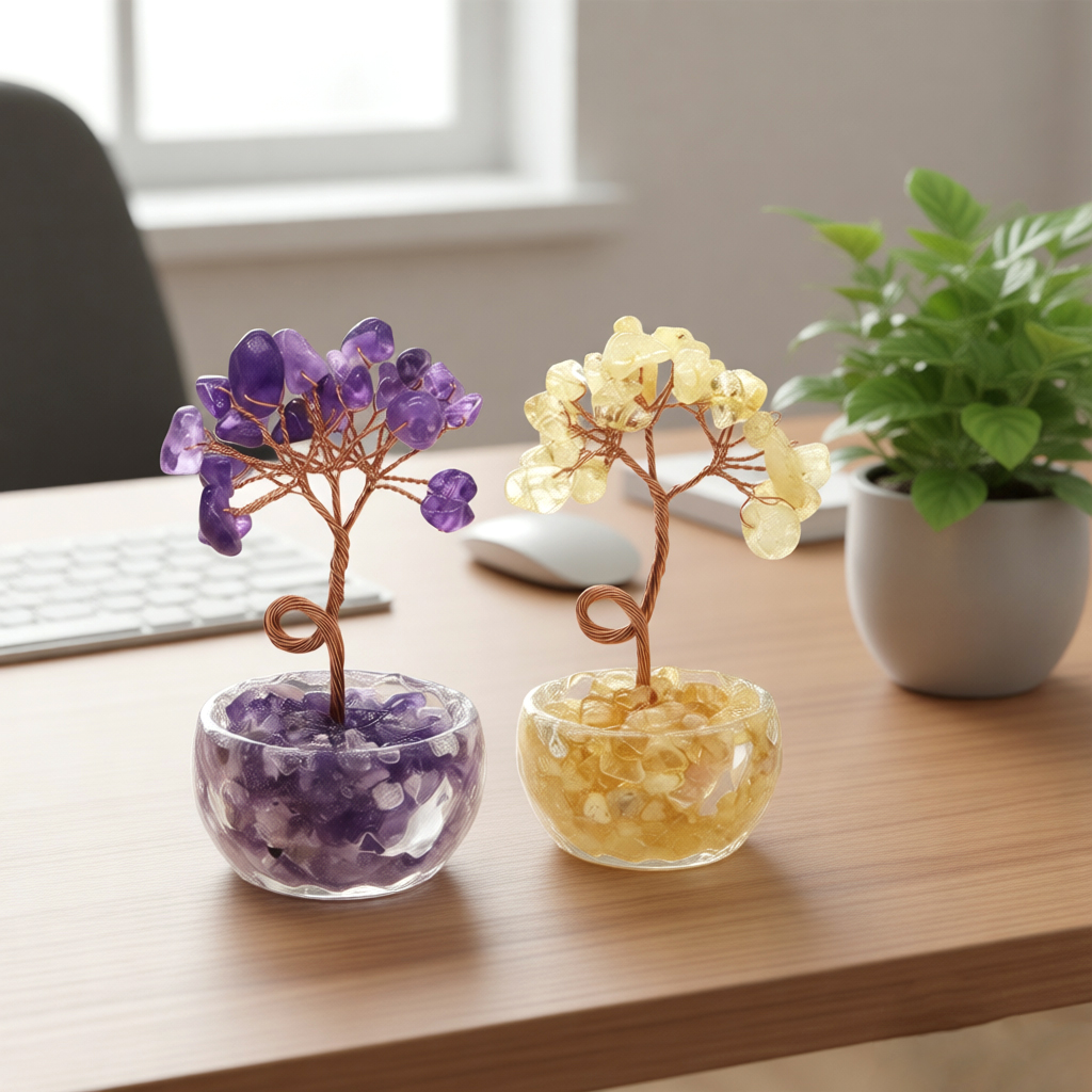Home Office In Living Room - Natural Gemstone Crystal Lucky Tree With