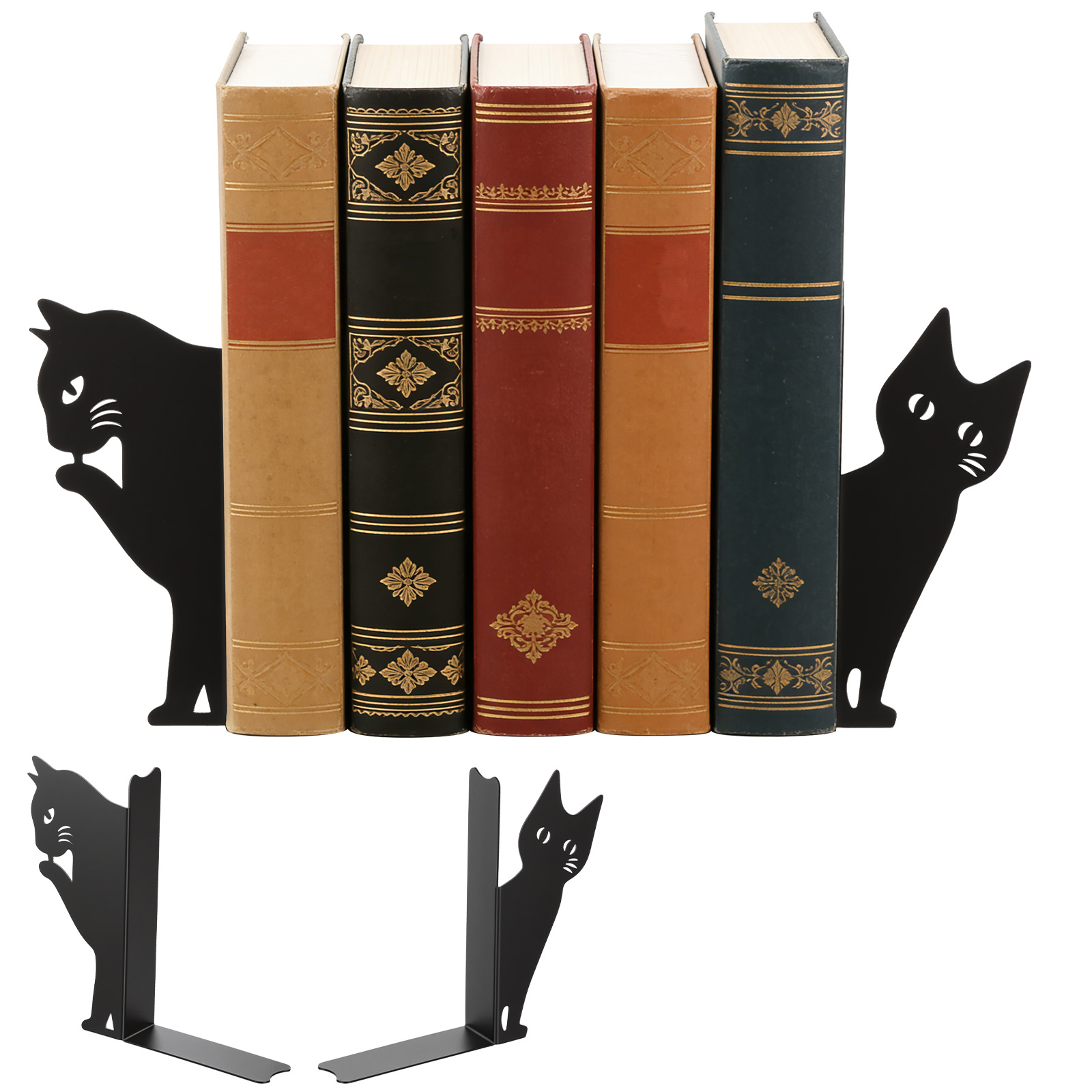 Home Office With Bookshelves - Peeping Cat Bookend Metal Book Holder