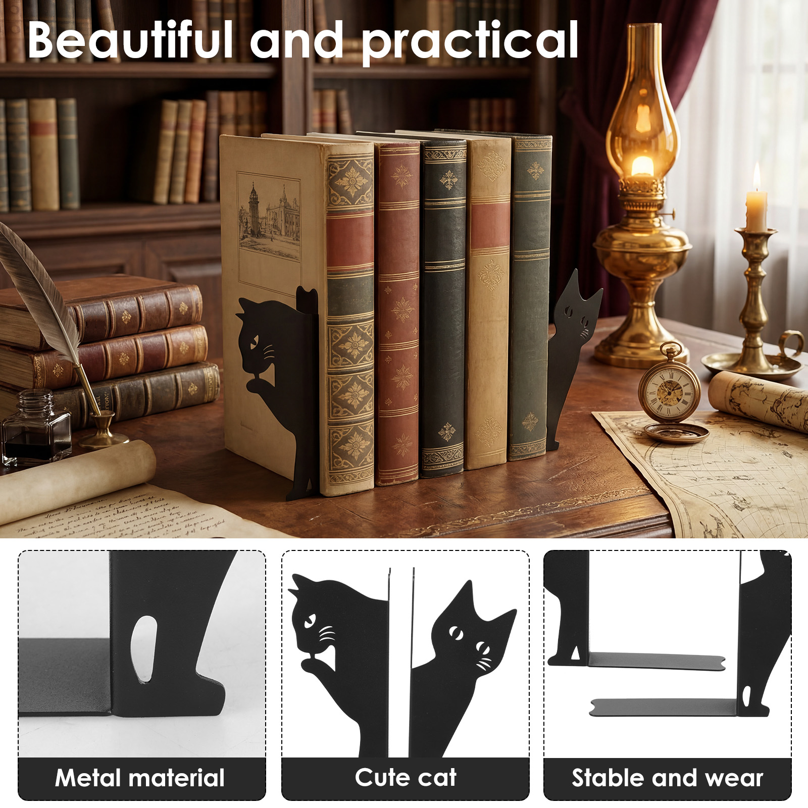 Peeping Cat Bookend Metal Book - Home Office With Bookshelves reseña y precio